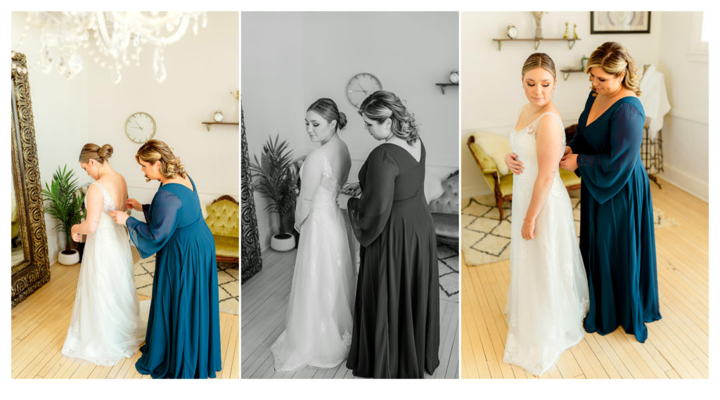 bride putting on her dress in The Capitol Room in St. Peter, Minnesota
